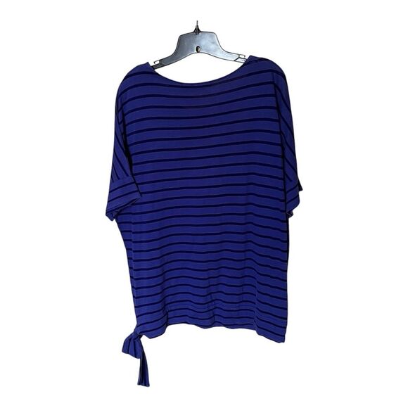 Chico's Black/Blue Striped Short Sleeve Pullover Shirt with Tie Hip Size 3 or XL - Picture 2 of 8